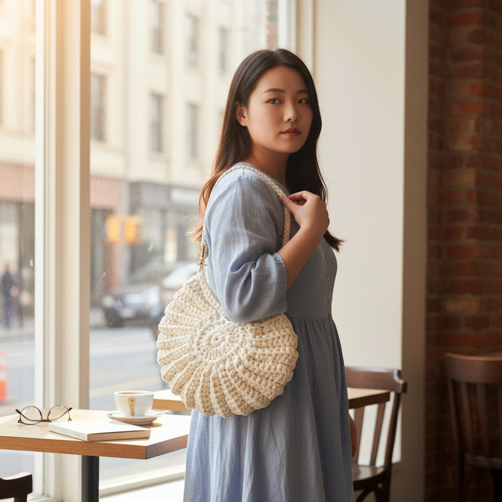 Suzie's Sunshine Dolls cream crochet shell-shaped bag with braided white leather strap and gold hardware.