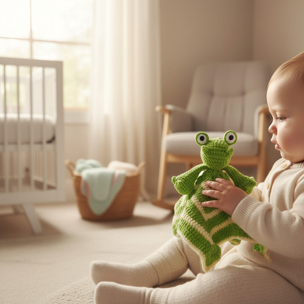 Suzie's Sunshine Dolls Kasabian the Croc lovey blanket, green and cream striped crochet with frog head and arms.