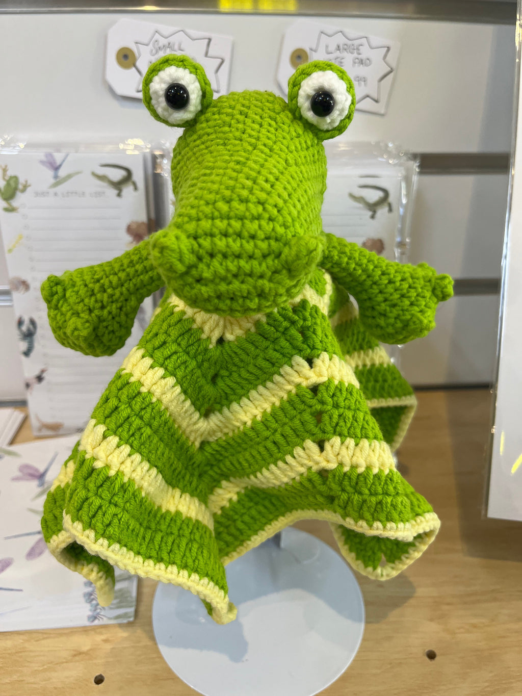 Suzie's Sunshine Dolls Kasabian the Croc lovey blanket, green and cream striped crochet with stuffed head and arms.