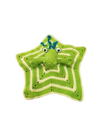 Suzie's Sunshine Dolls Kasabian the Croc lovey blanket, green and cream crochet with blue accents and googly eyes.