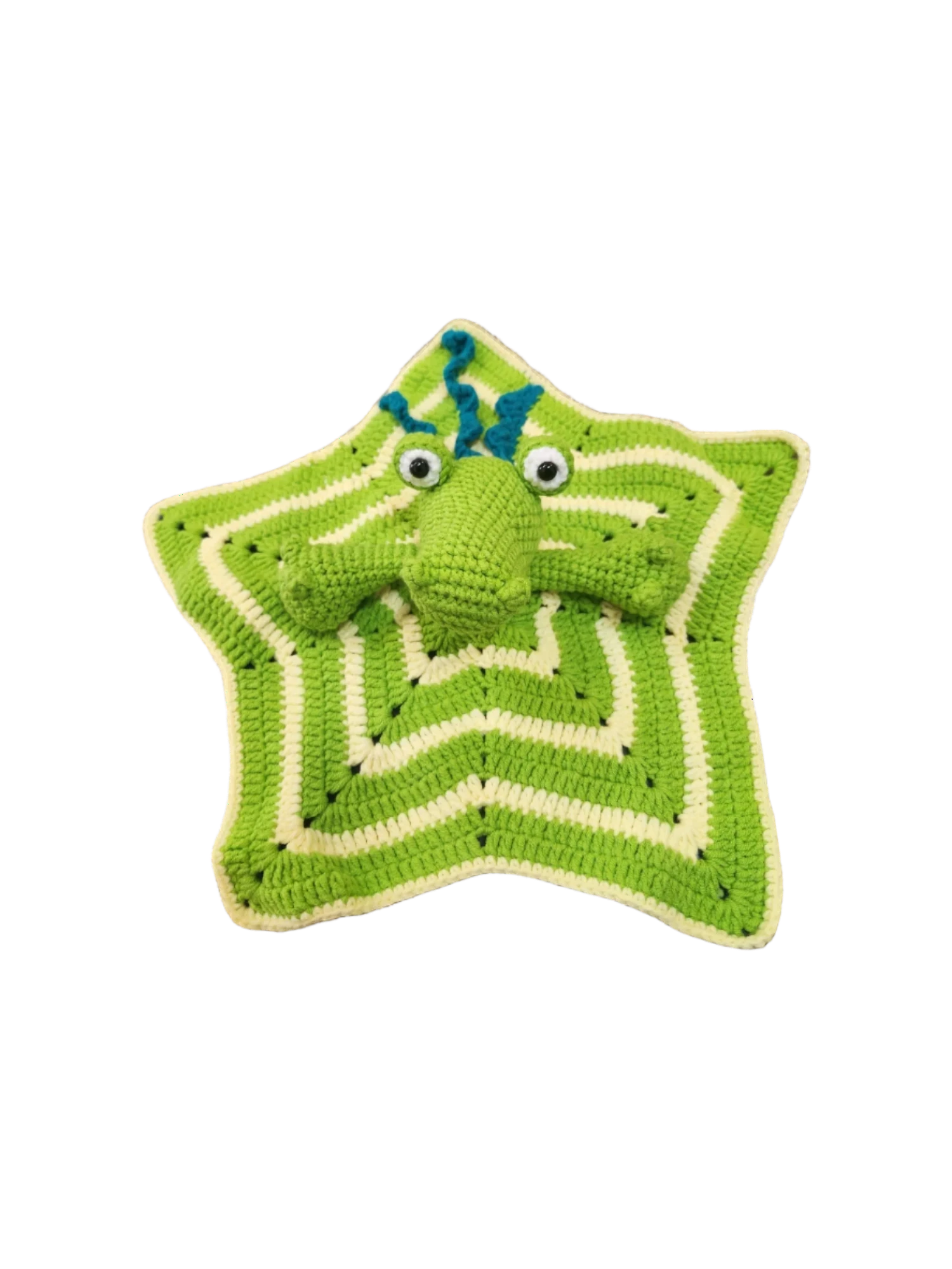 Suzie's Sunshine Dolls Kasabian the Croc lovey blanket, green and cream crochet with blue accents and googly eyes.