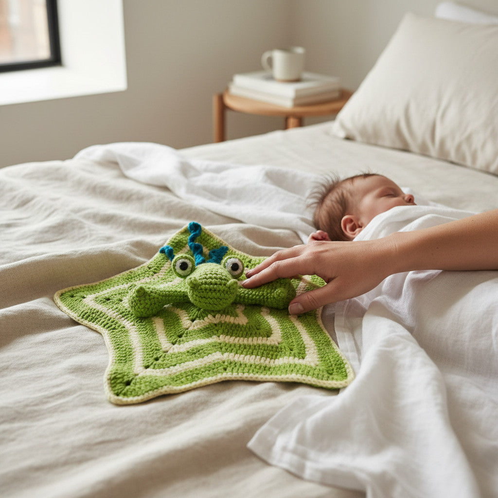 Suzie's Sunshine Dolls Kasabian the Croc lovey blanket, green and cream crochet, star shape with croc face, 100% cotton
