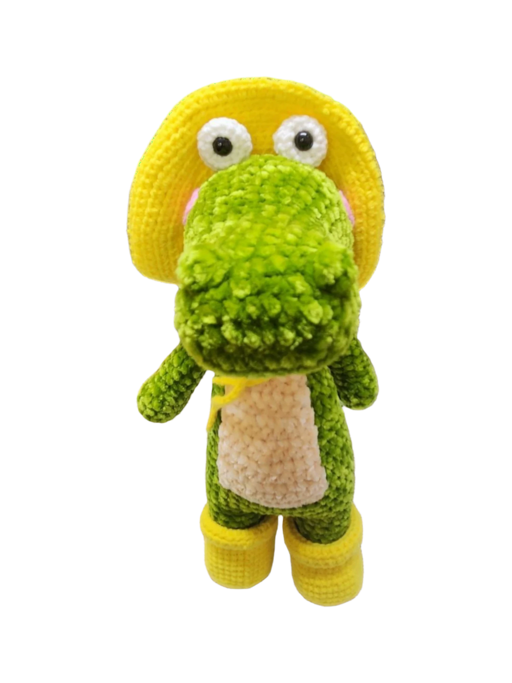 Suzie's Sunshine Dolls Cameron the Croc plush toy with yellow hat and boots, green body, cream belly, handmade