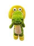 Suzie's Sunshine Dolls Cameron the Croc plush toy with yellow hat and boots, green body, cream belly, handmade