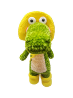 Suzie's Sunshine Dolls Cameron the Croc plush toy with yellow hat and boots, green body, cream belly, handmade