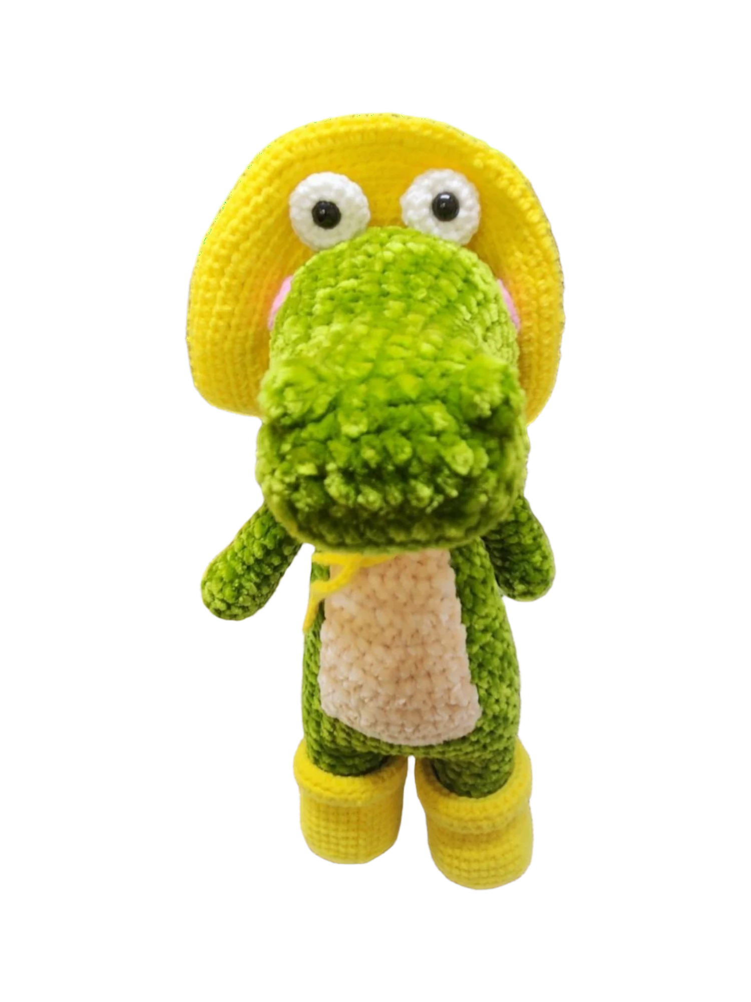 Suzie's Sunshine Dolls Cameron the Croc plush toy with yellow hat and boots, green body, cream belly, handmade