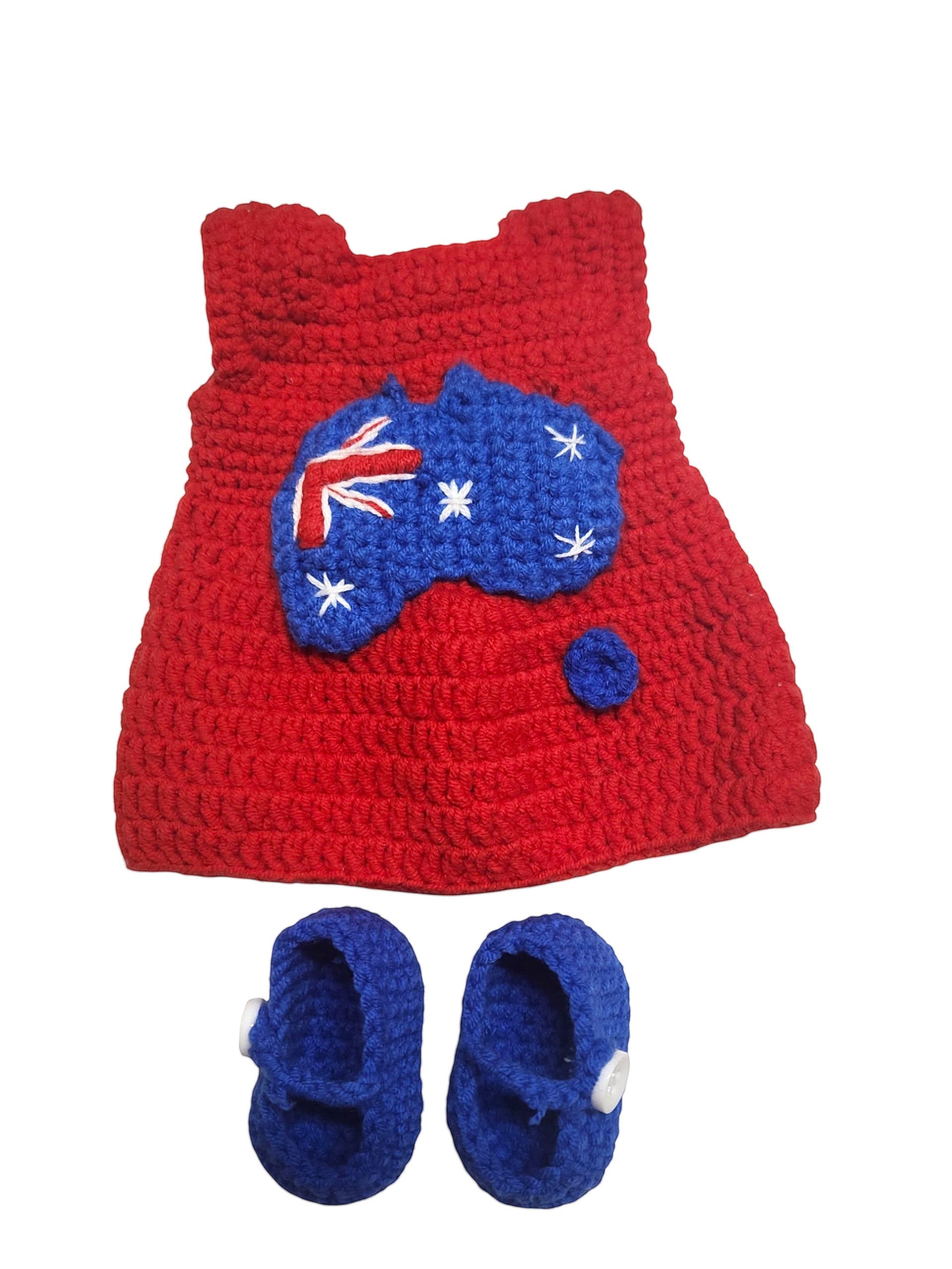 Suzie's Sunshine Dolls handmade red crochet dress with Australia map applique and blue crochet shoes. Perfect for dolls.
