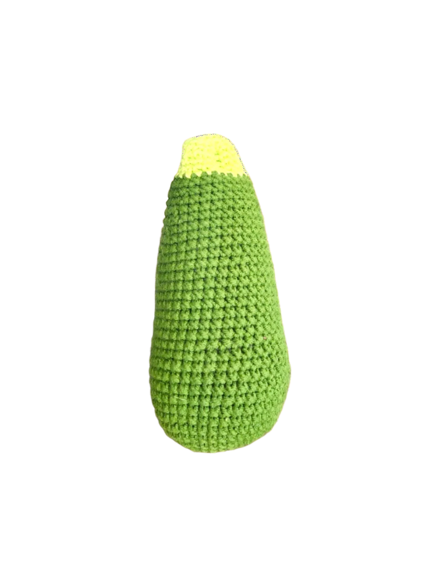 Suzie's Sunshine Dolls hand-crocheted avocado toy made of green and yellow cotton yarn.