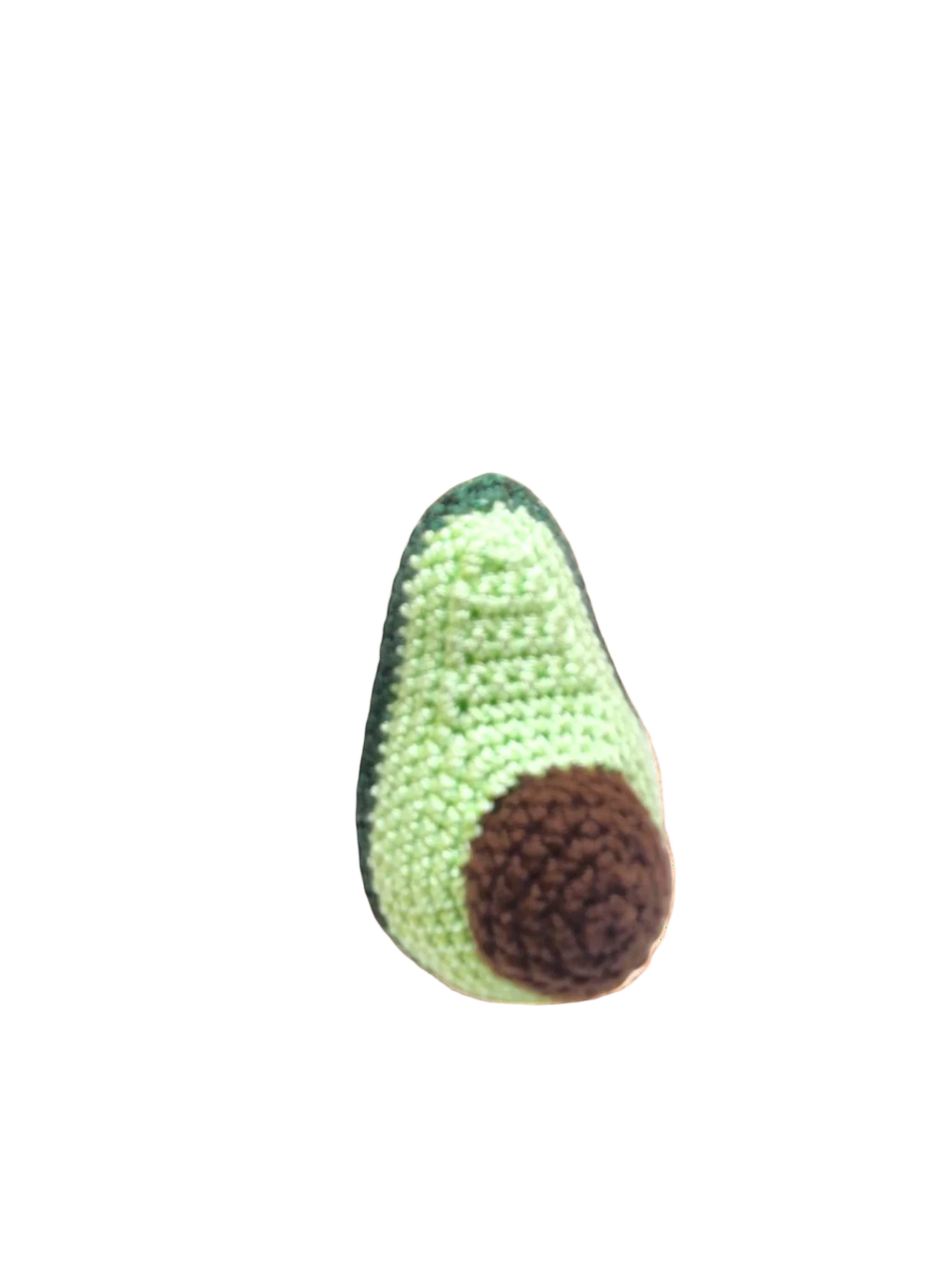 Suzie's Sunshine Dolls hand-crocheted avocado toy, light green with brown pit, made of cotton yarn.