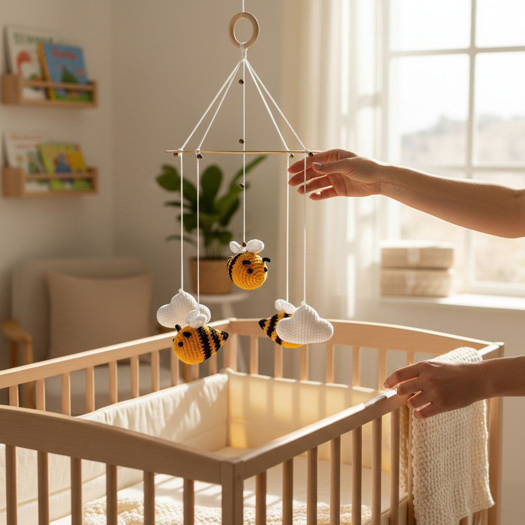 Suzie's Sunshine Dolls handmade crochet baby crib mobile with bees and clouds, yellow, black, and white yarn.