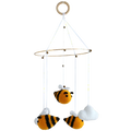 Suzie's Sunshine Dolls handmade crochet baby crib mobile with bees and clouds, yellow, black, and white yarn