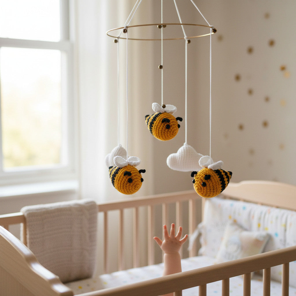 Suzie's Sunshine Dolls handmade crochet baby crib mobile with bees and clouds, yellow, black, and white yarn.