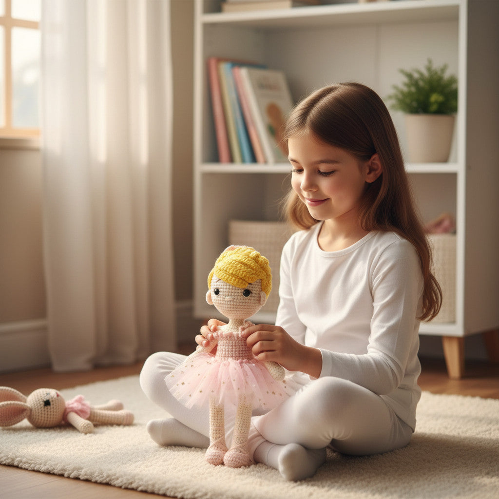 Suzie's Sunshine Dolls - Hand-crocheted blonde ballerina doll in a pink tutu with gold stars, ballet slippers, and ruffled sleeves.