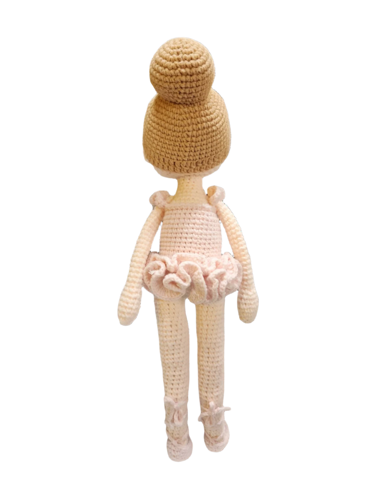 Suzie's Sunshine Dolls handmade crochet ballerina doll in a pink tutu and ballet slippers, with hair in a bun.