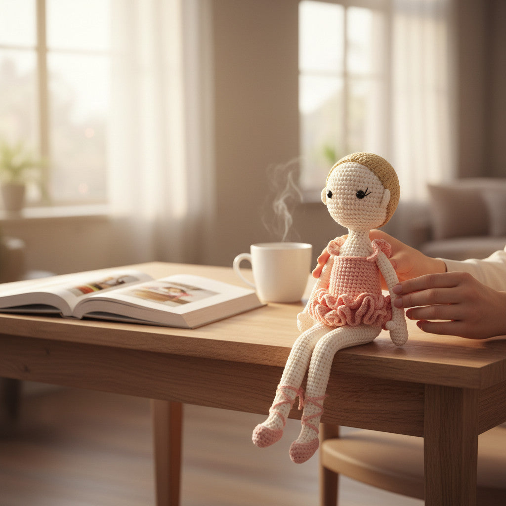 Suzie's Sunshine Dolls handmade crochet ballerina doll in pink tutu and ballet slippers, with blonde hair and delicate stitching.