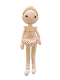 Suzie's Sunshine Dolls handmade crochet ballerina doll in pink tutu and ballet slippers, with blonde hair.