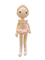 Suzie's Sunshine Dolls handmade crochet ballerina doll in pink tutu and ballet slippers, with blonde hair.