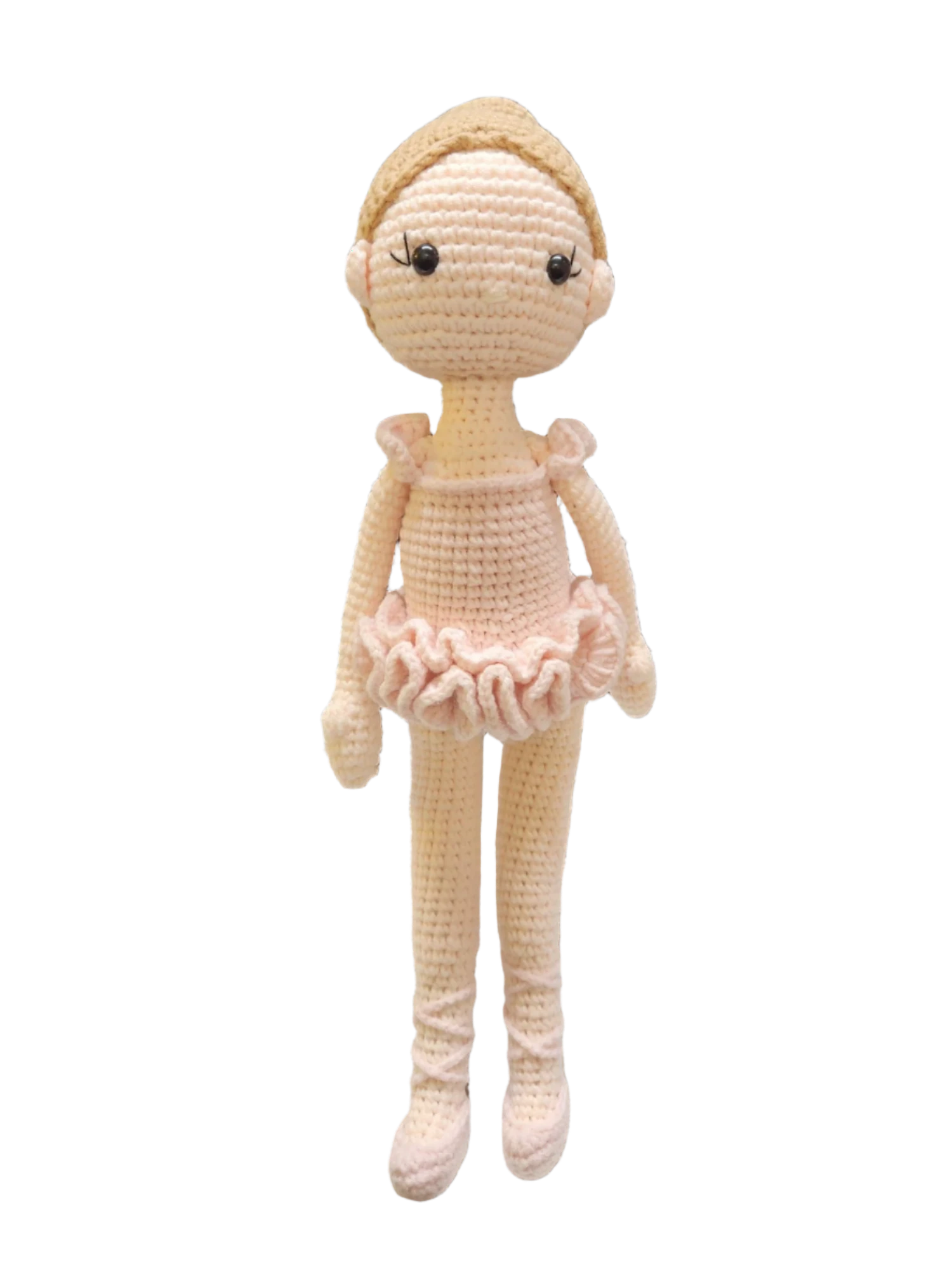 Suzie's Sunshine Dolls handmade crochet ballerina doll in pink tutu and ballet slippers, with blonde hair.