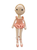 Suzie's Sunshine Dolls handcrafted crochet ballerina doll in a pink tutu and ballet slippers, with blonde hair and delicate stitching.