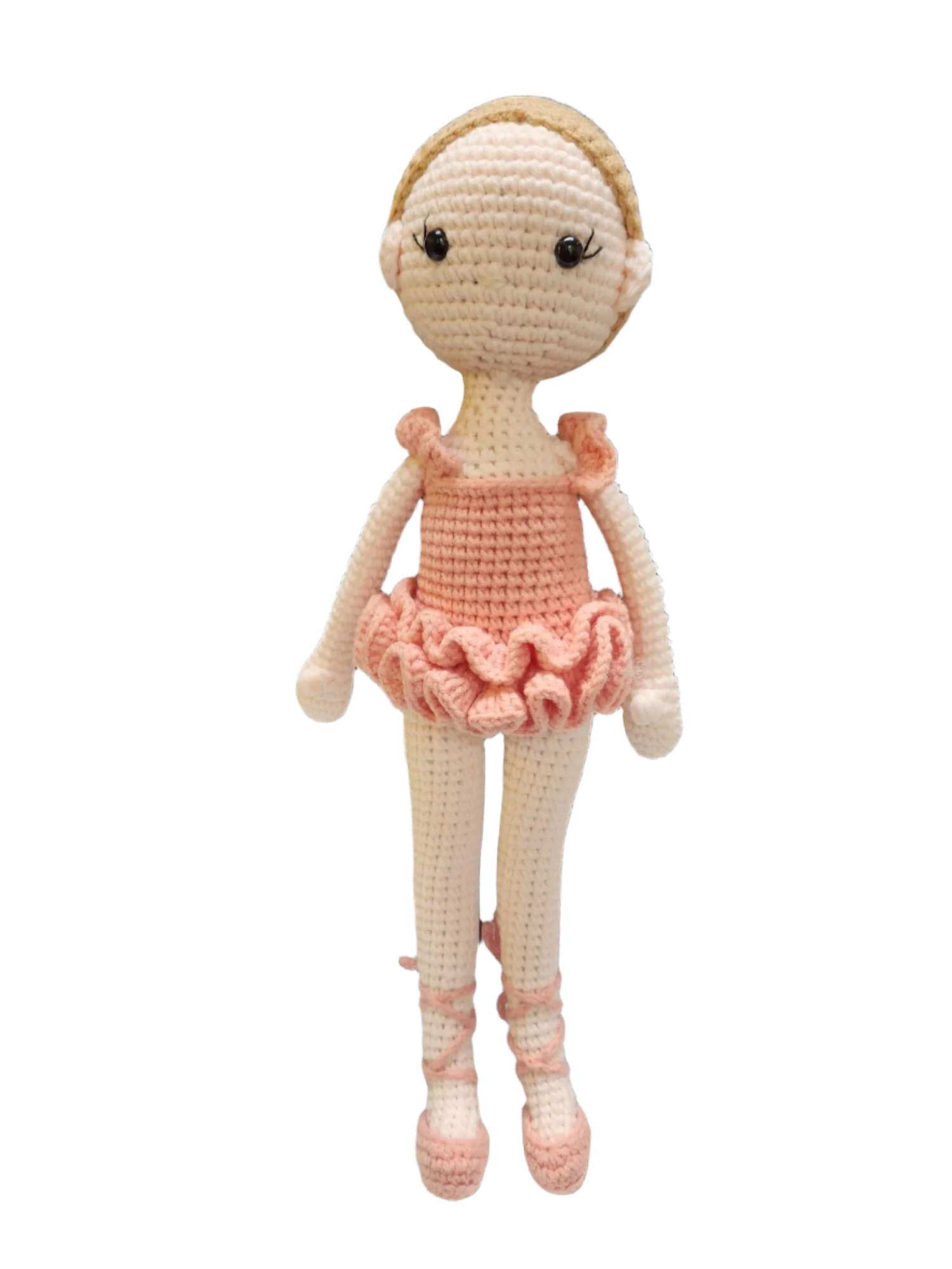 Suzie's Sunshine Dolls handcrafted crochet ballerina doll in a pink tutu and ballet slippers, with blonde hair and delicate stitching.