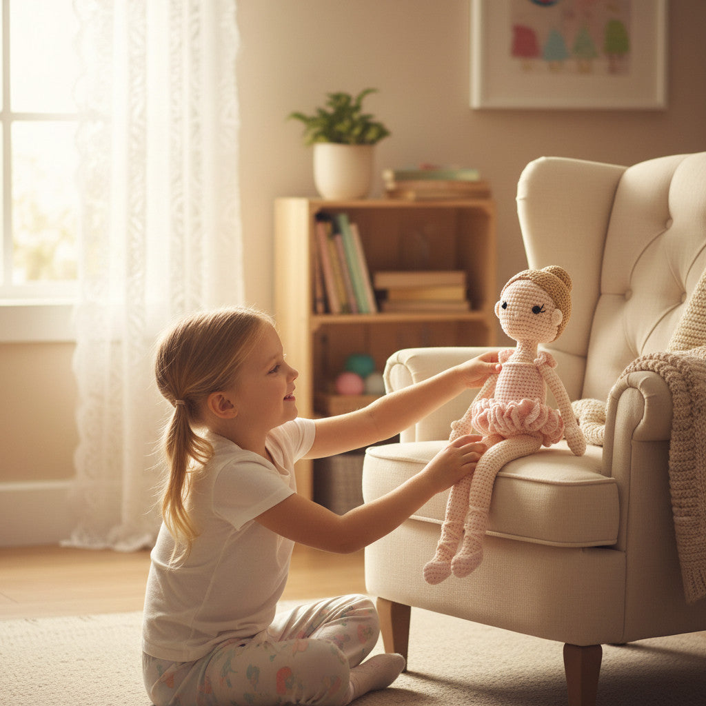 Suzie's Sunshine Dolls handmade crochet ballerina doll in pink tutu and ballet slippers, with blonde hair and delicate stitching.