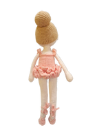 Suzie's Sunshine Dolls handmade crochet ballerina doll in pink tutu and ballet slippers, with blonde hair in a bun.