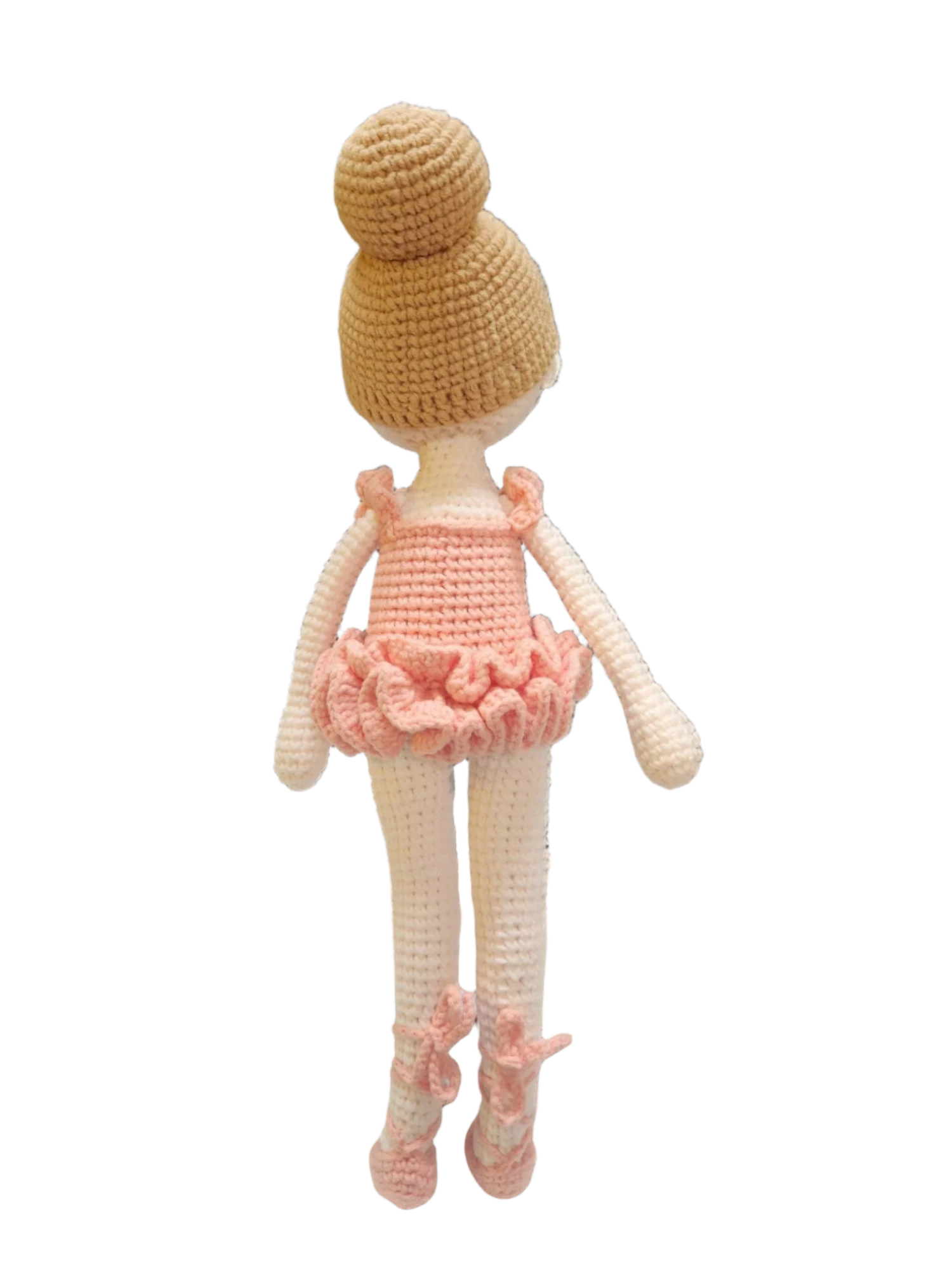 Suzie's Sunshine Dolls handmade crochet ballerina doll in pink tutu and ballet slippers, with blonde hair in a bun.