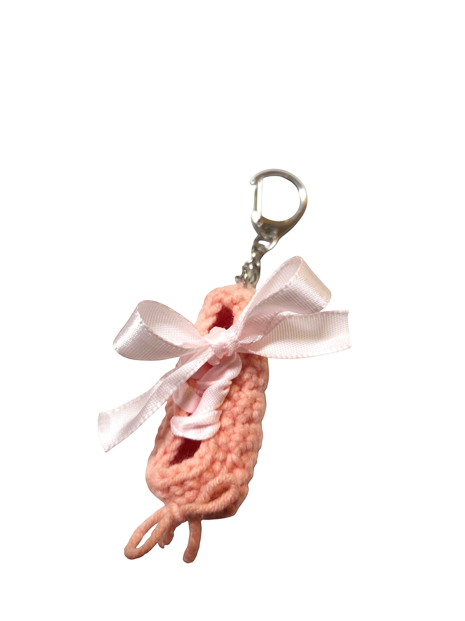 Suzie's Sunshine Dolls handmade pink crochet ballet slipper keychain with satin ribbon bow and metal clasp.