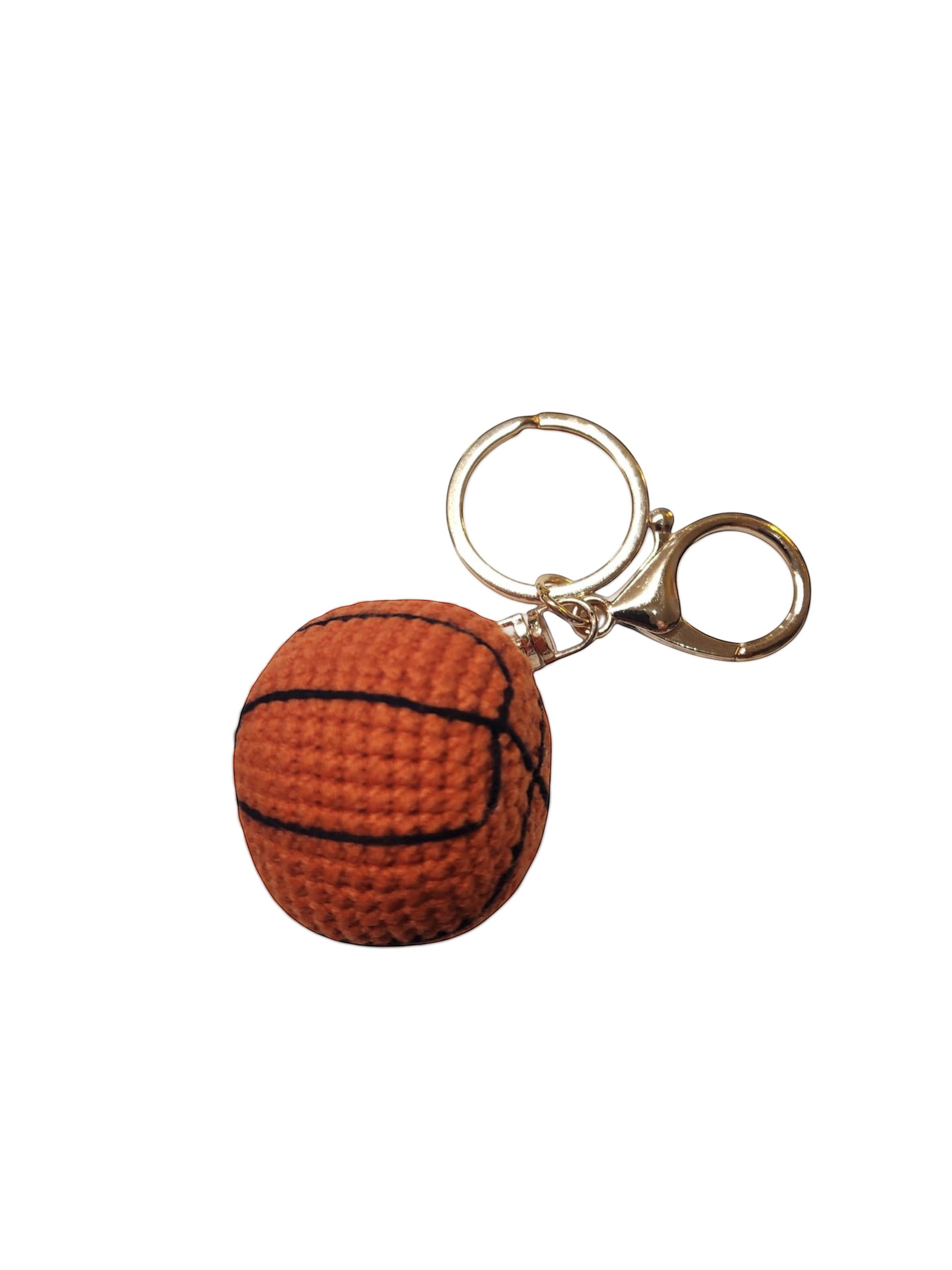 Suzie's Sunshine Dolls orange crochet basketball keychain with black lines and gold hardware.