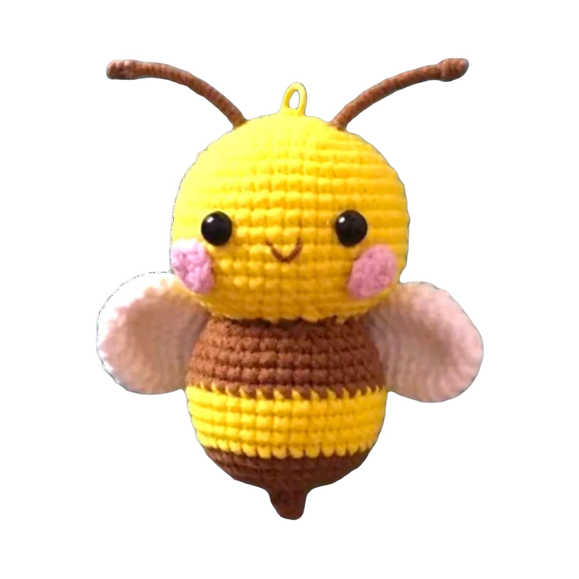 Suzie's Sunshine Dolls handmade yellow and brown crochet bee keychain with pink cheeks and white wings.
