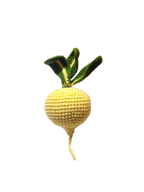 Suzie's Sunshine Dolls yellow crochet beet with green leaves and stem, handmade from cotton yarn.