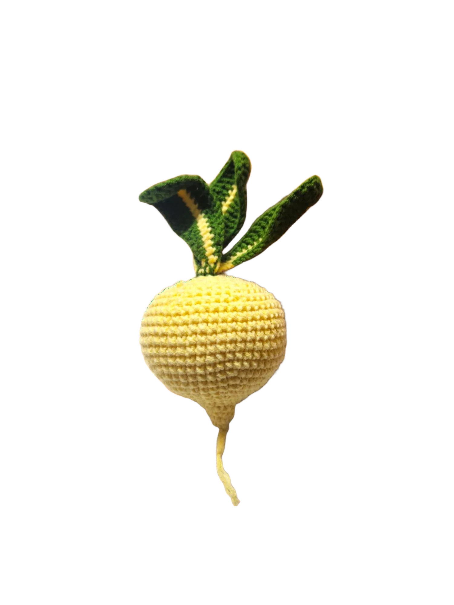 Suzie's Sunshine Dolls yellow crochet beet with green leaves and stem, handmade from cotton yarn.