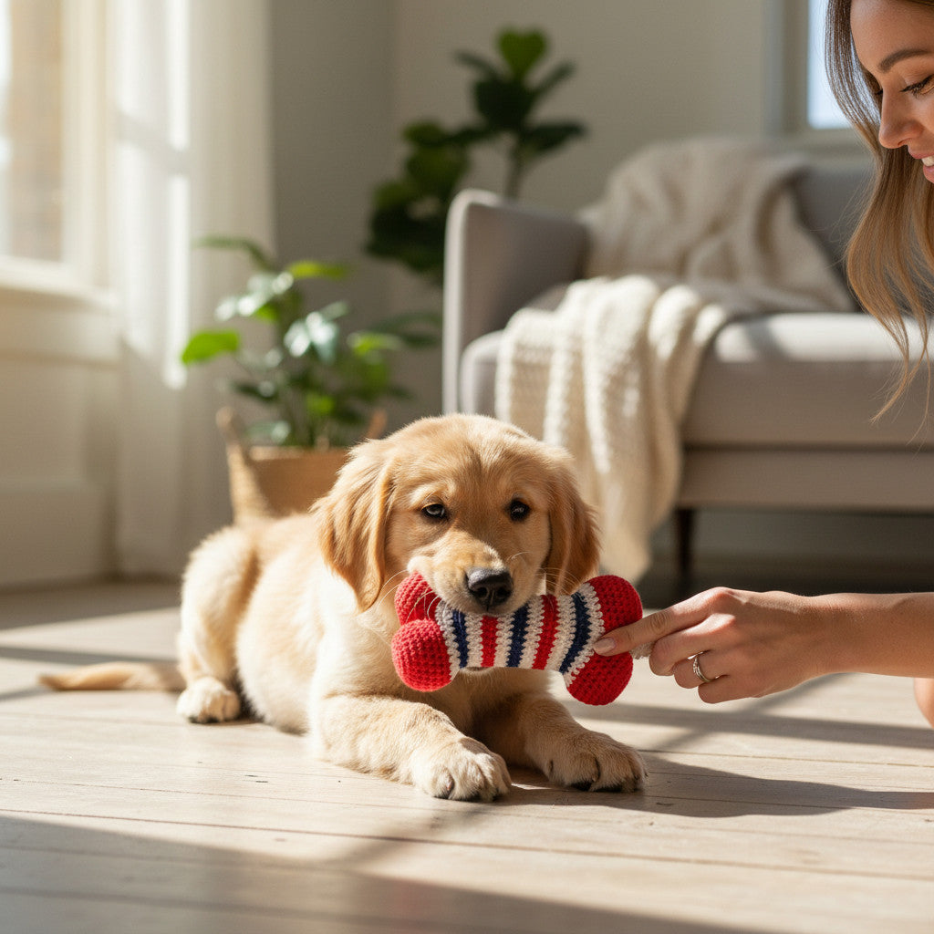 Suzie's Sunshine Dolls red, white, and blue striped crochet bone dog toy made of cotton yarn.