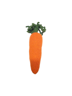 Suzie's Sunshine Dolls orange crochet carrot with green leafy top, handmade from cotton yarn.