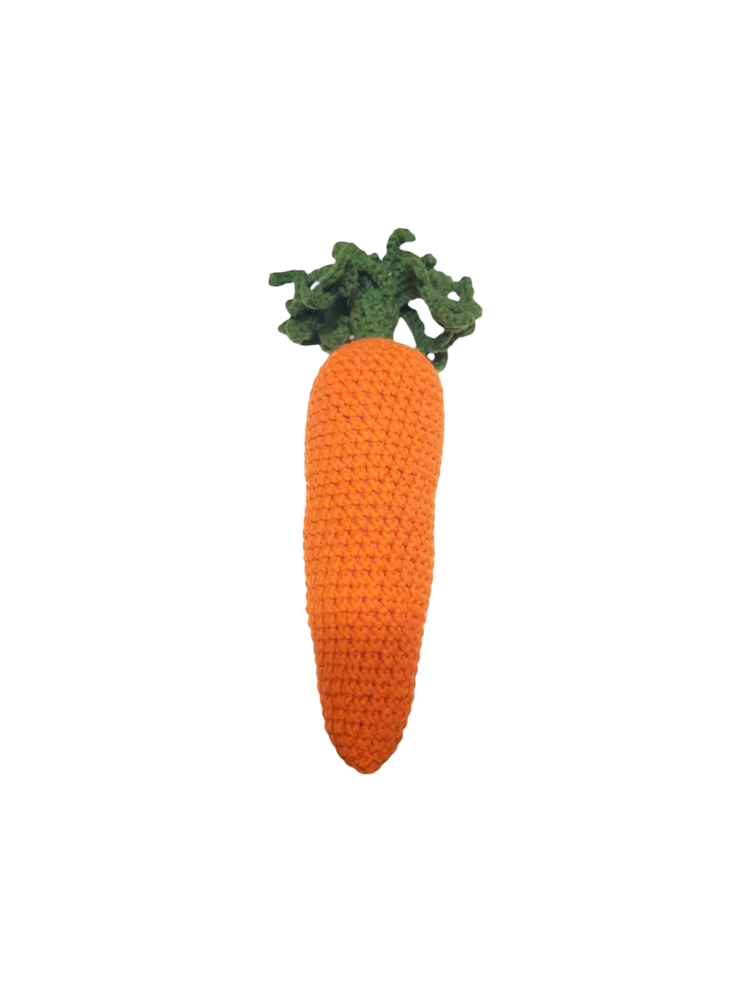 Suzie's Sunshine Dolls orange crochet carrot with green leafy top, handmade from cotton yarn.