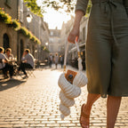 Suzie's Sunshine Dolls cream crochet conch shell bag made from recycled t-shirt yarn with a braided handle.