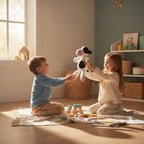 Suzie's Sunshine Dolls Daisy the Cow, a handmade crochet toy with black and white spots, pink snout, and beige hooves.