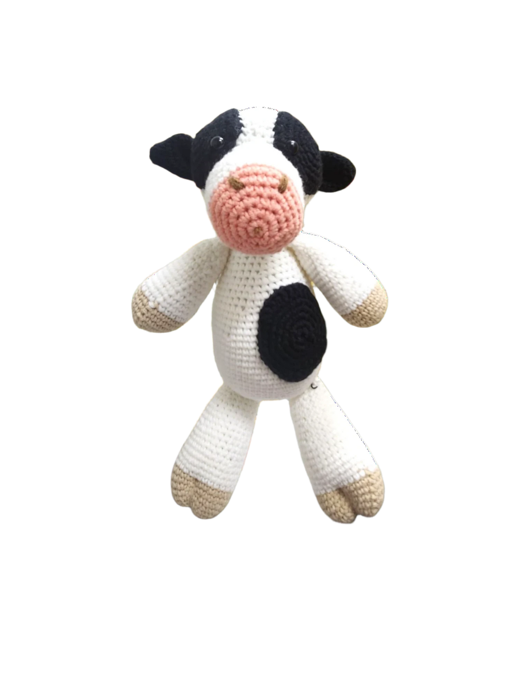 Suzie's Sunshine Dolls Daisy the Cow, a handmade crochet toy with black and white spots, pink snout, and beige hooves.
