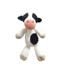 Suzie's Sunshine Dolls Daisy the Cow, a handmade crochet toy with black and white spots, pink snout, and beige hooves.