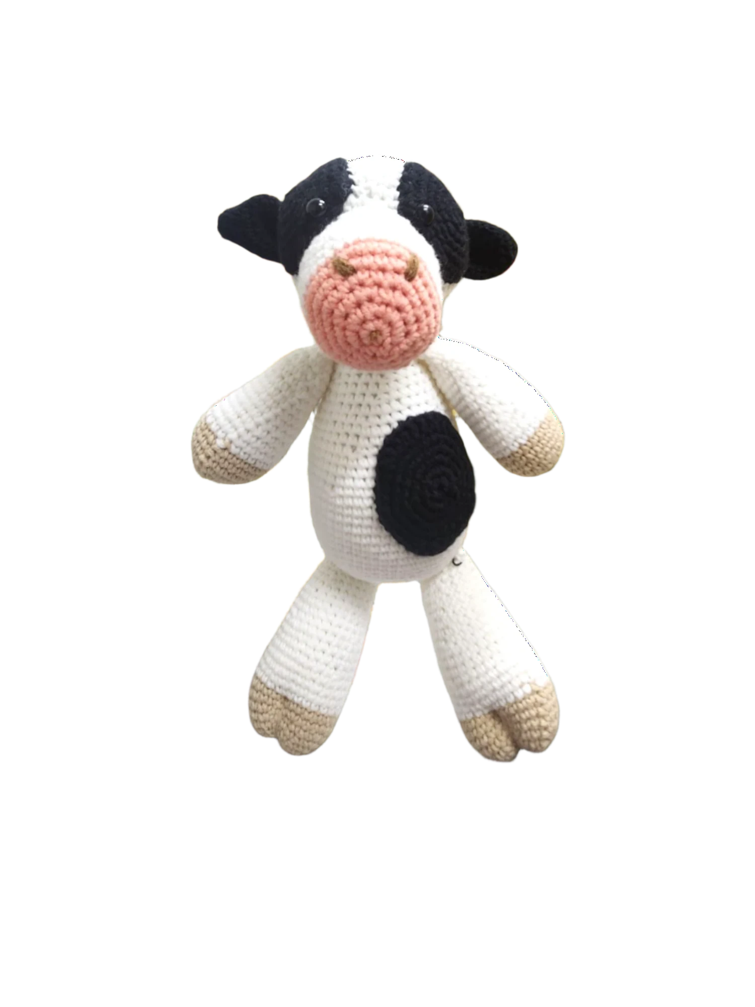 Suzie's Sunshine Dolls Daisy the Cow, a handmade crochet toy with black and white spots, pink snout, and beige hooves.