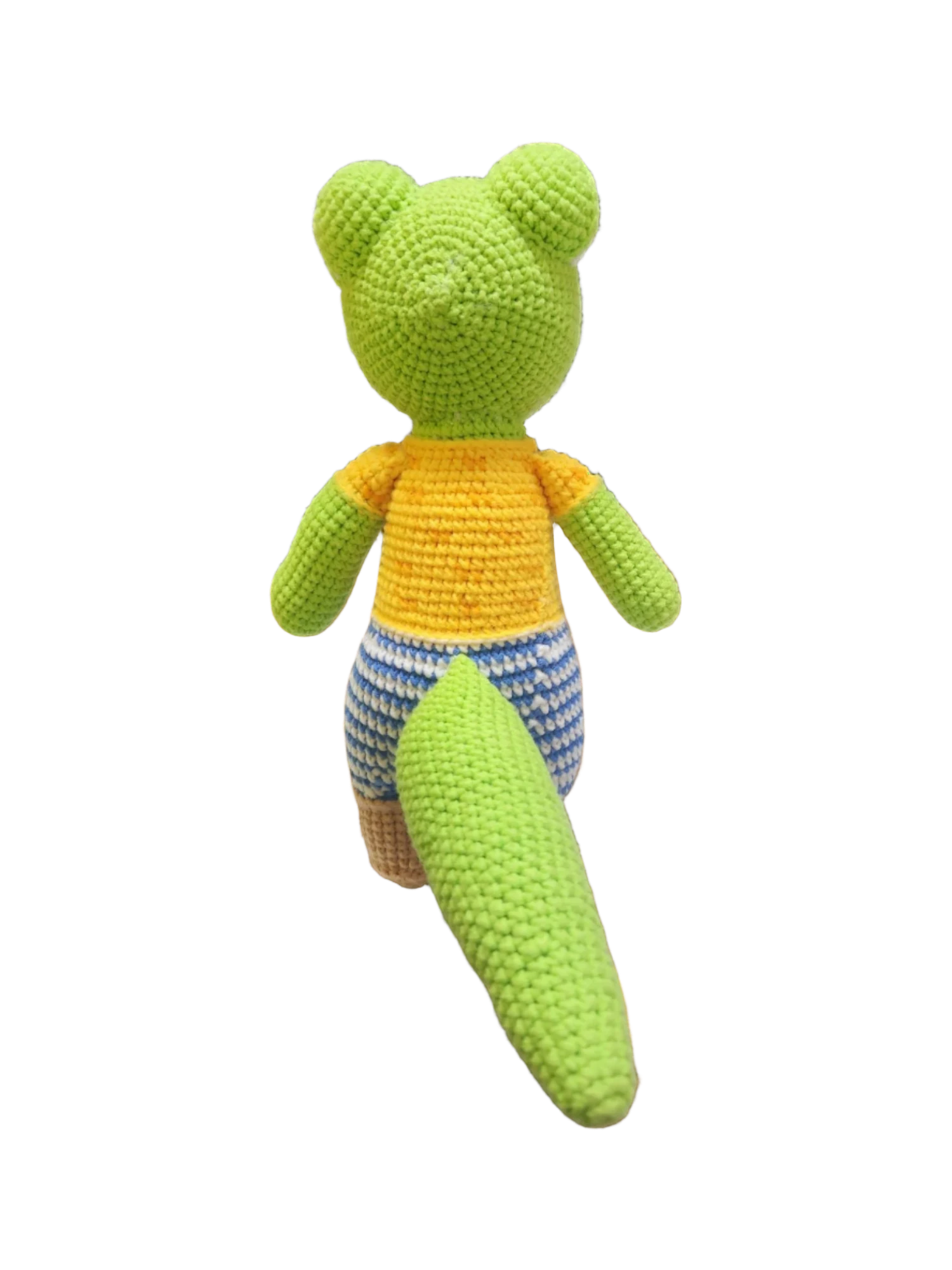Suzie's Sunshine Dolls Calvin the Croc handmade crochet toy, green with orange shirt and blue striped shorts.