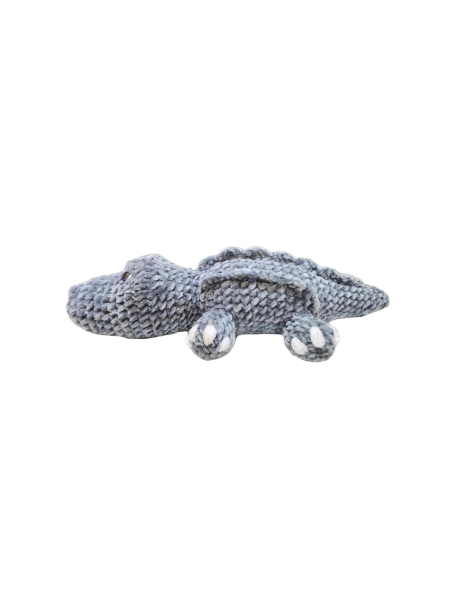 Suzie's Sunshine Dolls Kurtis the Croc, a soft grey crocheted crocodile plush toy with white toes and stitched smile.
