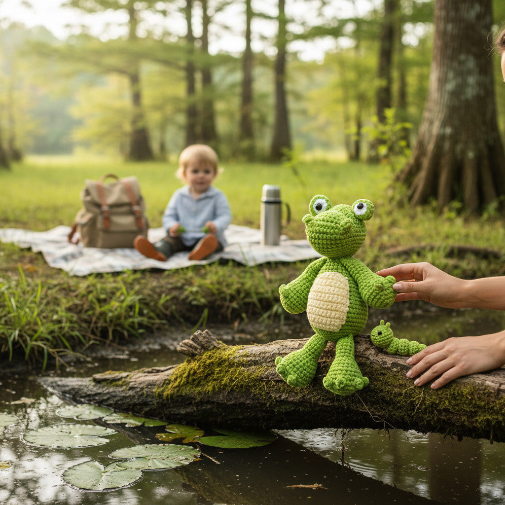 Suzie's Sunshine Dolls Cassius the Croc, a green crochet stuffed toy with cream belly, sitting on a log with a baby in the background.