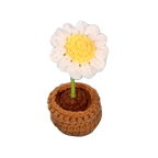 Suzie's Sunshine Dolls white and yellow crochet daisy in a brown pot. Handmade acrylic yarn flower.