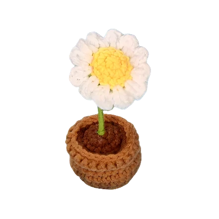 Suzie's Sunshine Dolls white and yellow crochet daisy in a brown pot. Handmade acrylic yarn flower.