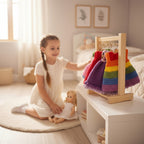 Suzie's Sunshine Dolls handmade crochet doll clothes in rainbow and solid colors on a wooden rack, with a girl and doll playing.