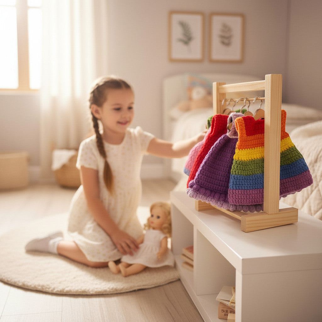Suzie's Sunshine Dolls handmade crochet doll clothes in rainbow and solid colors on a wooden rack, with a girl and doll playing.