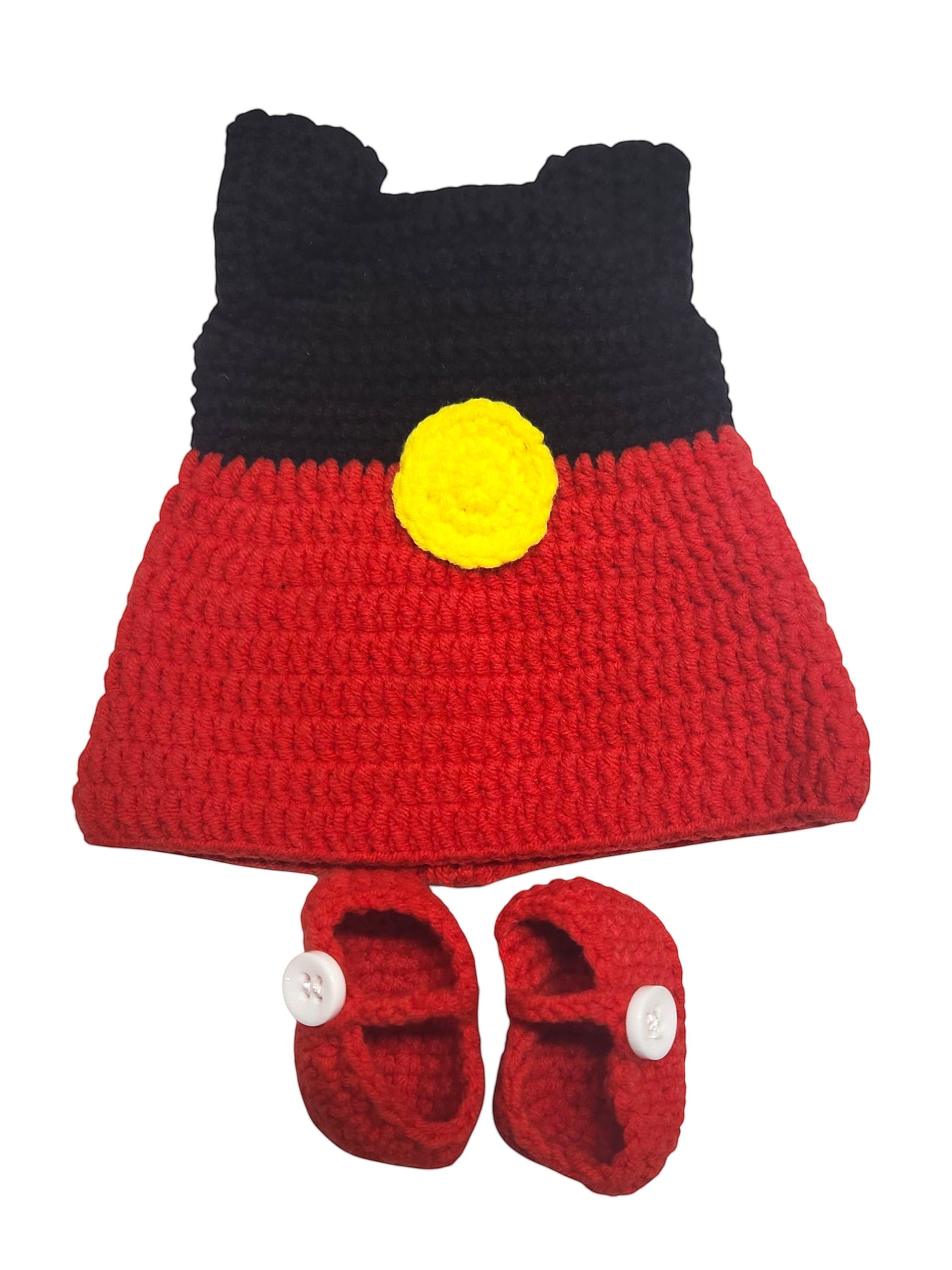 Suzie's Sunshine Dolls handmade crochet doll dress and shoes set in red, black, and yellow, inspired by Mickey Mouse.