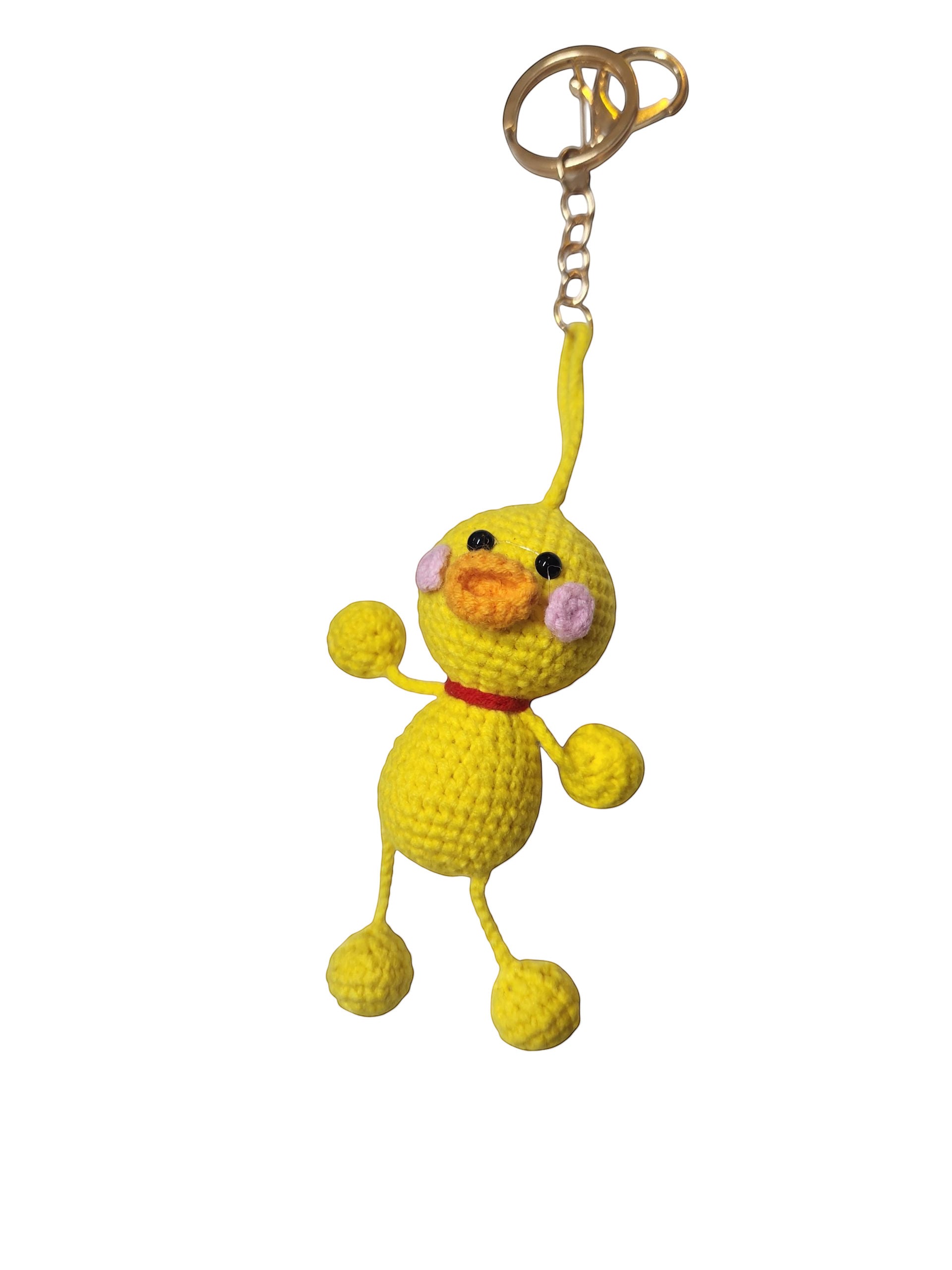 Suzie's Sunshine Dolls yellow crochet duck keychain with pink cheeks and orange beak, attached to a gold keyring.