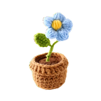Suzie's Sunshine Dolls blue crochet flower with yellow center in a brown pot with green leaf.